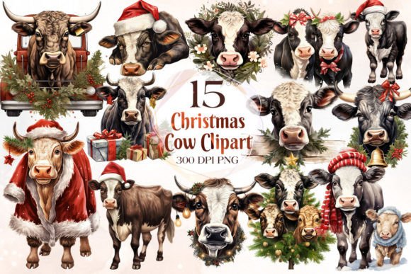 Download Vintage Christmas Cow Clipart Bundle - Christmas cow clipart Collection