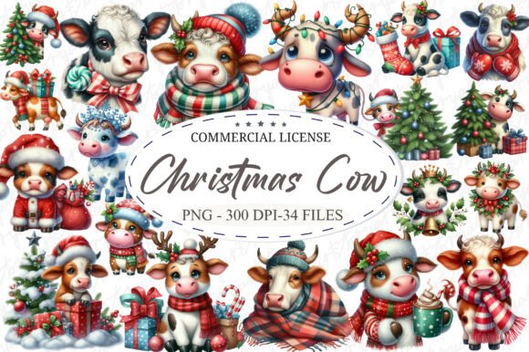 Download Whimsical Christmas Cow Clipart PNG - Christmas cow clipart Collection